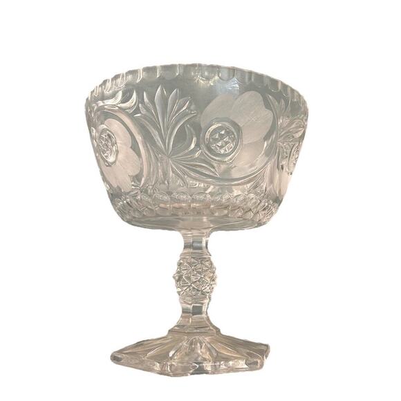 7" American Brilliant Cut Floral Star Crystal Pedestal Footed Bowl Glows Pink! - Picture 1 of 14